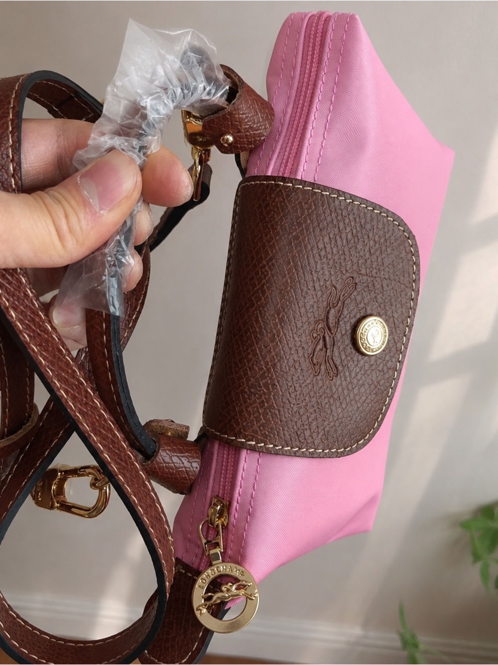 Longchamp Pink Nylon Mini Handbag with Brown Leather Flap - Picture 3 of 4